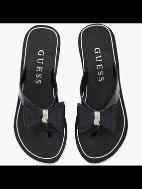 GUESS Black Bow Thong Sandals with Rhinestone Accent
